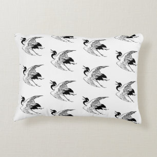 Vintage Japanese Drawing of a Crane, Black & White Decorative Pillow