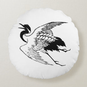 Vintage Japanese Drawing of a Crane, Black & White Round Pillow
