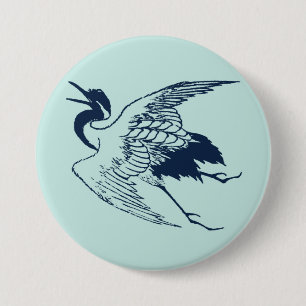 Vintage Japanese Drawing of a Crane, Blue 3 Inch Round Button