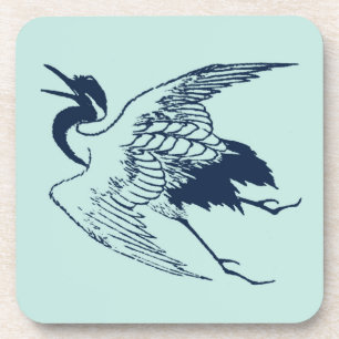 Vintage Japanese Drawing of a Crane, Blue Coaster