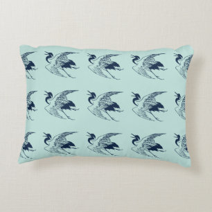 Vintage Japanese Drawing of a Crane, Blue Decorative Pillow