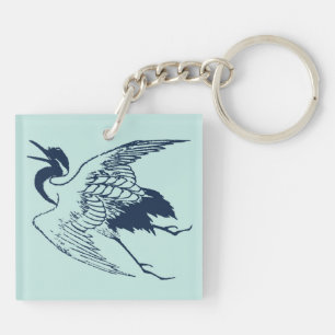 Vintage Japanese Drawing of a Crane, Blue Keychain