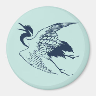 Vintage Japanese Drawing of a Crane, Blue Magnet