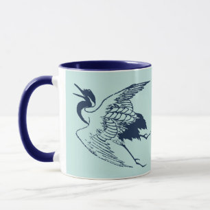 Vintage Japanese Drawing of a Crane, Blue Mug
