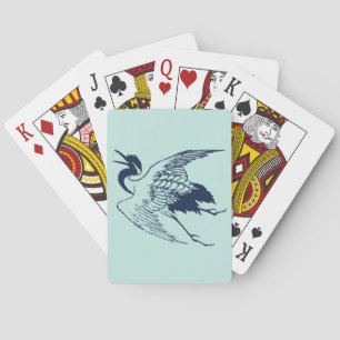 Vintage Japanese Drawing of a Crane, Blue Playing Cards