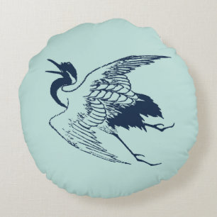 Vintage Japanese Drawing of a Crane, Blue Round Pillow