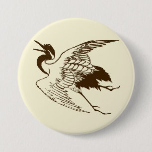 Vintage Japanese Drawing of a Crane, Brown 3 Inch Round Button