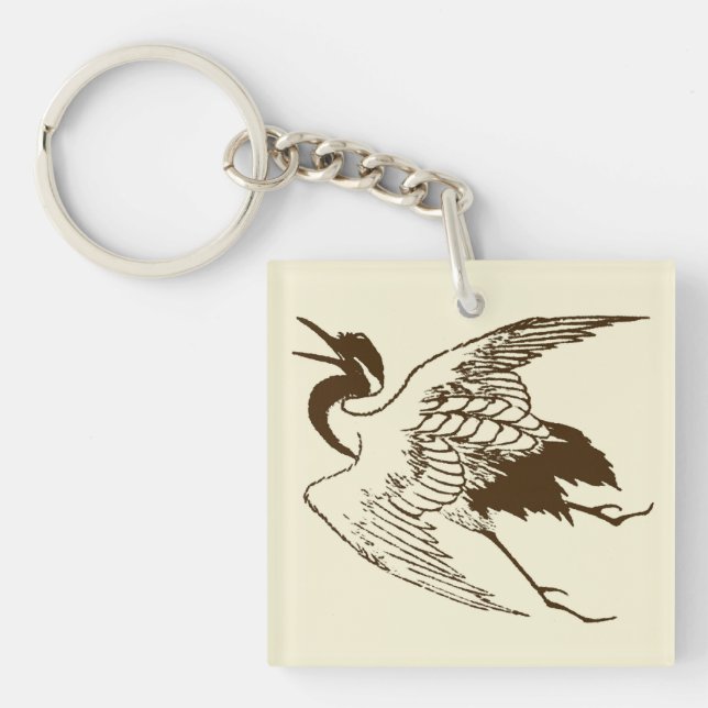 Vintage Japanese Drawing of a Crane, Brown Keychain (Front)