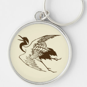 Vintage Japanese Drawing of a Crane, Brown Keychain