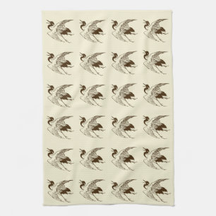 Vintage Japanese Drawing of a Crane, Brown Kitchen Towel