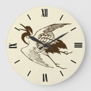 Vintage Japanese Drawing of a Crane, Brown Large Clock