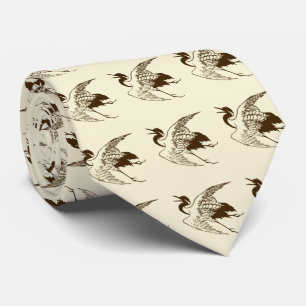 Vintage Japanese Drawing of a Crane, Brown Tie