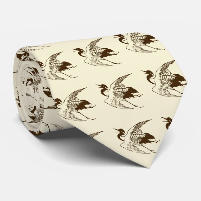 Vintage Japanese Drawing of a Crane, Brown Tie (Rolled)