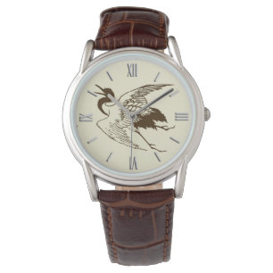 Vintage Japanese Drawing of a Crane, Brown Watch