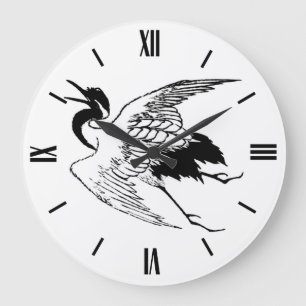 Vintage Japanese Drawing of a Crane Large Clock