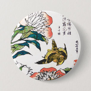Vintage Japanese drawing, Peonies and Sparrow 3 Inch Round Button