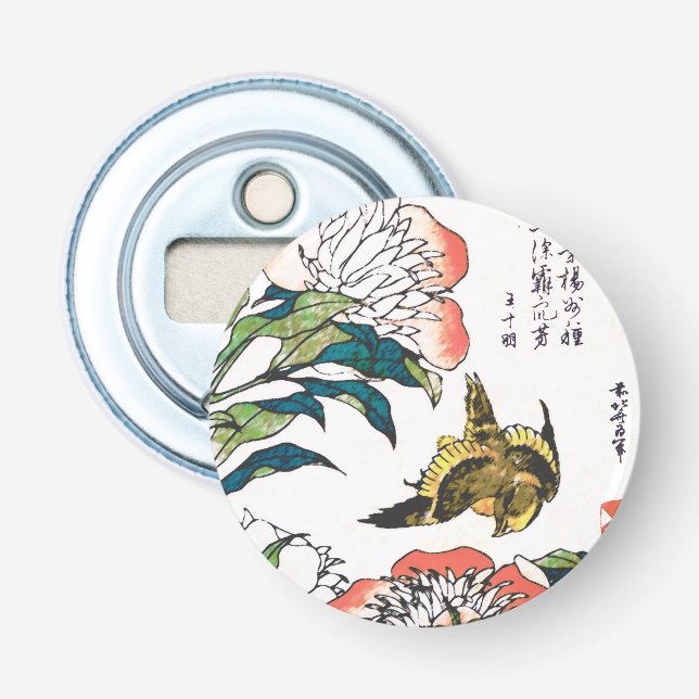 Vintage Japanese drawing, Peonies and Sparrow Bottle Opener (Front)