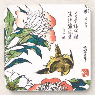 Vintage Japanese drawing, Peonies and Sparrow Coaster