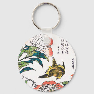 Vintage Japanese drawing, Peonies and Sparrow Keychain