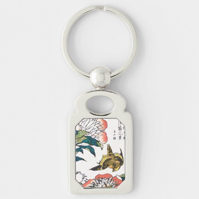 Vintage Japanese drawing, Peonies and Sparrow Keychain (Front)
