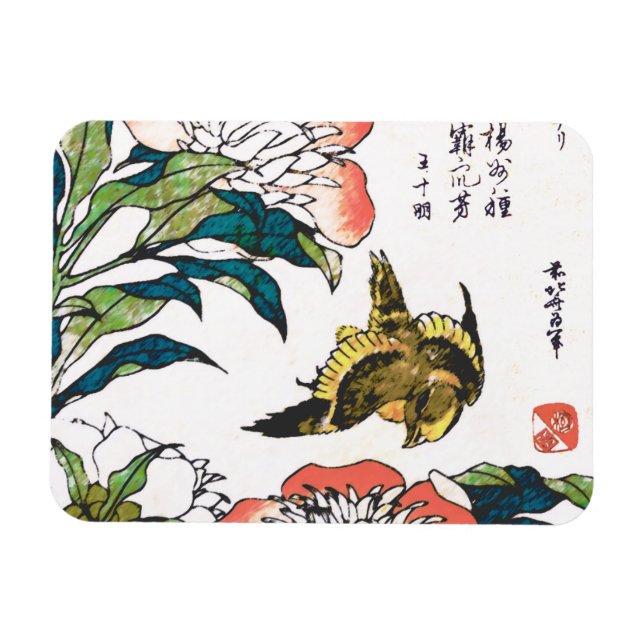 Vintage Japanese drawing, Peonies and Sparrow Magnet (Horizontal)