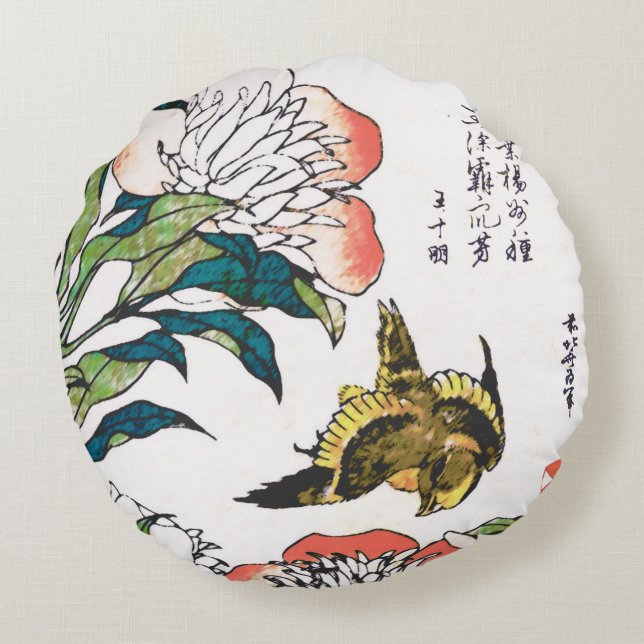 Vintage Japanese drawing, Peonies and Sparrow Round Pillow (Back)