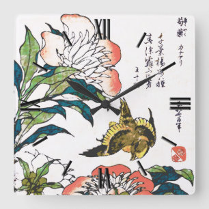 Vintage Japanese drawing, Peonies and Sparrow Square Wall Clock