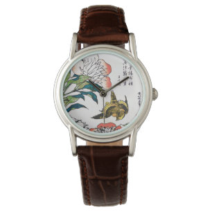Vintage Japanese drawing, Peonies and Sparrow Watch