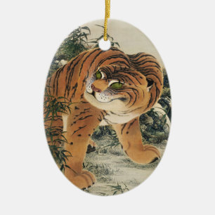 Vintage Japanese Edo Tiger in Bamboo Forest Art Ceramic Ornament
