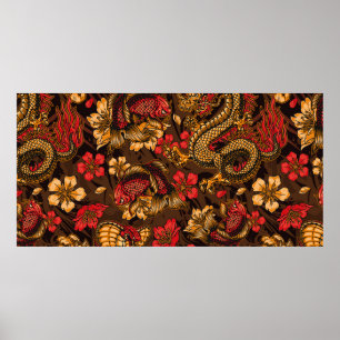 Vintage japanese elements seamless pattern with fa poster