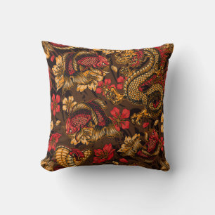 Vintage japanese elements seamless pattern with fa throw pillow