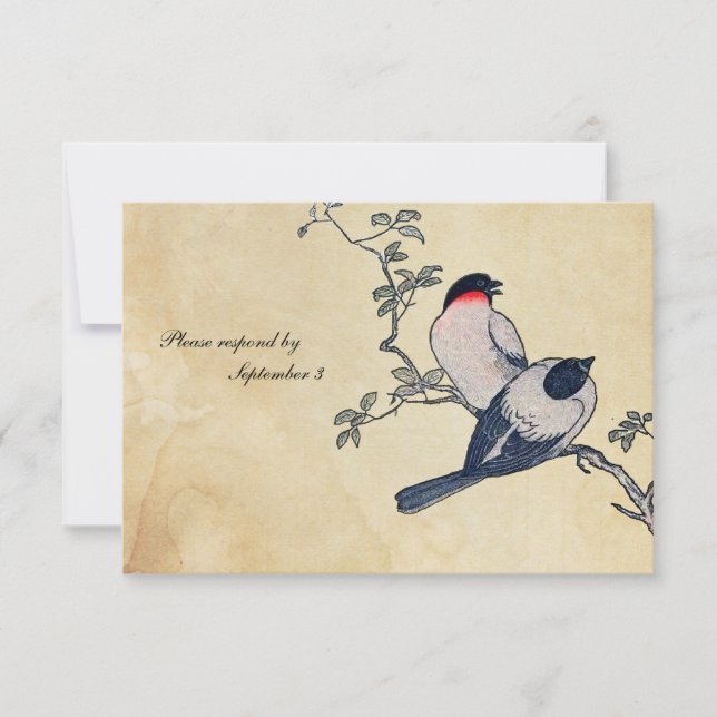 Vintage Japanese Finches rsvp with envelopes (Front)