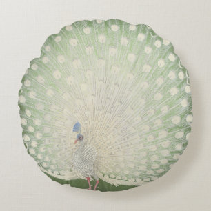 Vintage Japanese Fine Art White Peacock Round Pillow