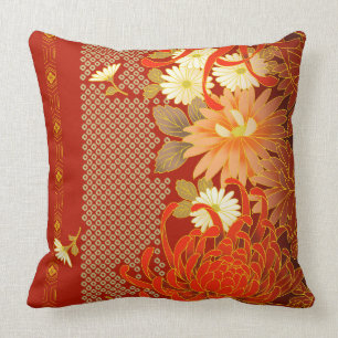 Vintage Japanese Floral Design Throw Pillow