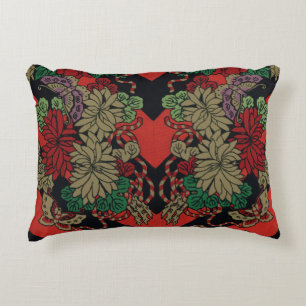 Vintage Japanese Floral Peony Red Black Pattern Accent Pillow