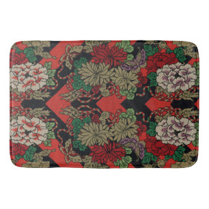 Vintage Japanese Floral Peony Red Black Pattern Bath Mat
