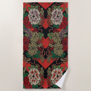 Vintage Japanese Floral Peony Red Black Pattern Beach Towel