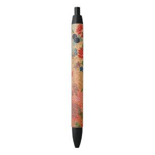 Vintage Japanese Flower Fan Pattern Illustration Black Ink Pen