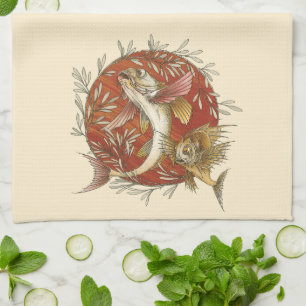 Vintage Japanese Flying Fish and Bamboo Leaves Art Kitchen Towel