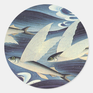 Vintage Japanese Flying Fish in Ocean, Japonism Classic Round Sticker