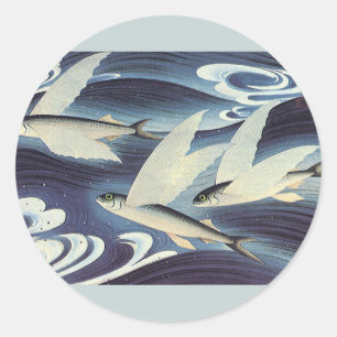 Vintage Japanese Flying Fish in Ocean, Japonism Classic Round Sticker