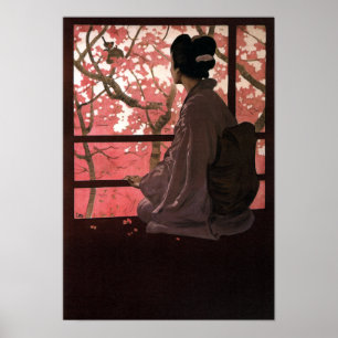 Vintage Japanese Geisha and Cherry Blossoms Poster