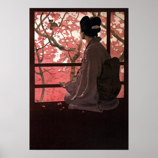 Vintage Japanese Geisha and Cherry Blossoms Poster (Front)