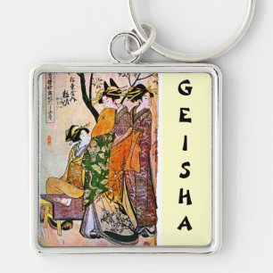Vintage Japanese Geisha Art Customizable Text Keychain