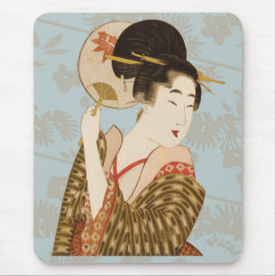 Vintage Japanese Geisha Girl in Kimono with Fan Mouse Pad