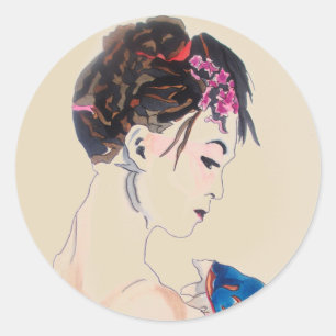 Vintage Japanese Geisha with blue kimono Classic Round Sticker