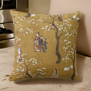 Vintage Japanese Illustration Botanical Gold Trees Throw Pillow