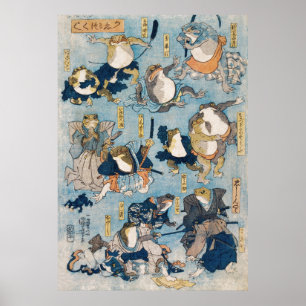 Vintage japanese illustration of personified frogs poster