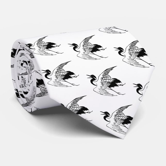 Vintage Japanese Ink Sketch of a Crane Tie (Rolled)