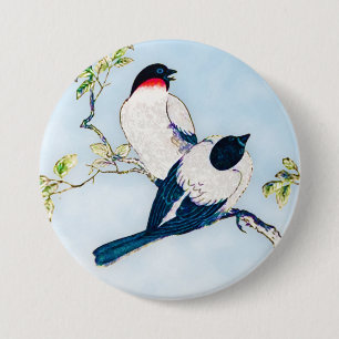 Vintage Japanese Ink Sketch of Finches 3 Inch Round Button